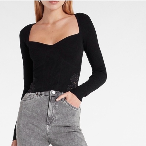 Express Sweaters - EXPRESS Black Body Contour Cropped Sweater with Lace Detail- NWT-XL